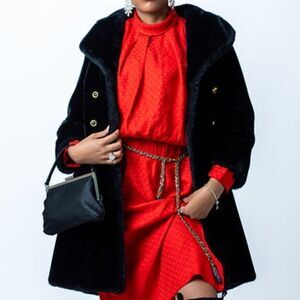 I. Magnin Coat Womens Size Small Black‎ Vintage Faux Fur Pockets Made USA